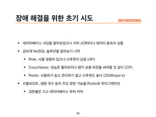 장애 해결을 위한 초기 시도
• 데이터베이스 샤딩을 알아보았으나 이미 JOIN이나 데이터 종속이 심함
• 급하게 NoSQL 솔루션을 알아보기 시작
• Riak: 사용 경험이 있으나 쓰루풋이 낮음 (AP)
• Couchbase: 성능은 좋아보이나 왠지 상용 버전을 써야할 것 같다 (CP)
• Redis: 사용하기 쉽고 관리하기 쉽고 쓰루풋도 높다 (250Kops/s)
• 선물포인트, 생명 갯수 등의 주요 핫한 기능을 Redis로 마이그레이션
• 급한불은 끄고 데이터베이스 부하 저하
20
 