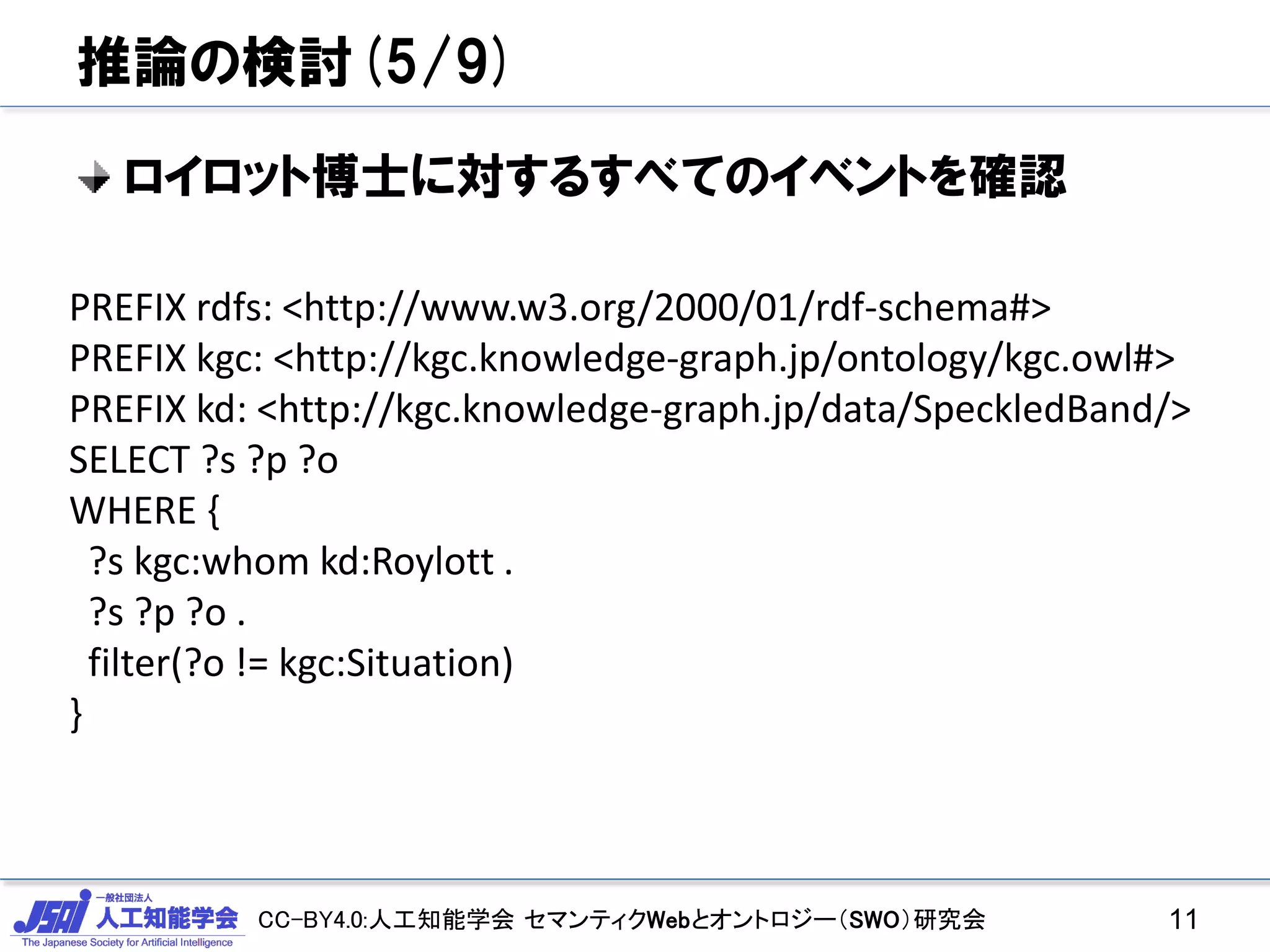 CC-BY4.0:人工知能学会 セマンティクWebとオントロジー（SWO）研究会
推論の検討(5/9)
ロイロット博士に対するすべてのイベントを確認
11
PREFIX rdfs: <http://www.w3.org/2000/01/rdf-schema#>
PREFIX kgc: <http://kgc.knowledge-graph.jp/ontology/kgc.owl#>
PREFIX kd: <http://kgc.knowledge-graph.jp/data/SpeckledBand/>
SELECT ?s ?p ?o
WHERE {
?s kgc:whom kd:Roylott .
?s ?p ?o .
filter(?o != kgc:Situation)
}
 