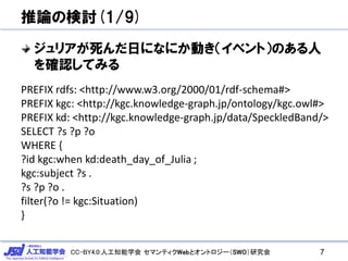 CC-BY4.0:人工知能学会 セマンティクWebとオントロジー（SWO）研究会
推論の検討(1/9)
ジュリアが死んだ日になにか動き（イベント）のある人
を確認してみる
7
PREFIX rdfs: <http://www.w3.org/2000/01/rdf-schema#>
PREFIX kgc: <http://kgc.knowledge-graph.jp/ontology/kgc.owl#>
PREFIX kd: <http://kgc.knowledge-graph.jp/data/SpeckledBand/>
SELECT ?s ?p ?o
WHERE {
?id kgc:when kd:death_day_of_Julia ;
kgc:subject ?s .
?s ?p ?o .
filter(?o != kgc:Situation)
}
 