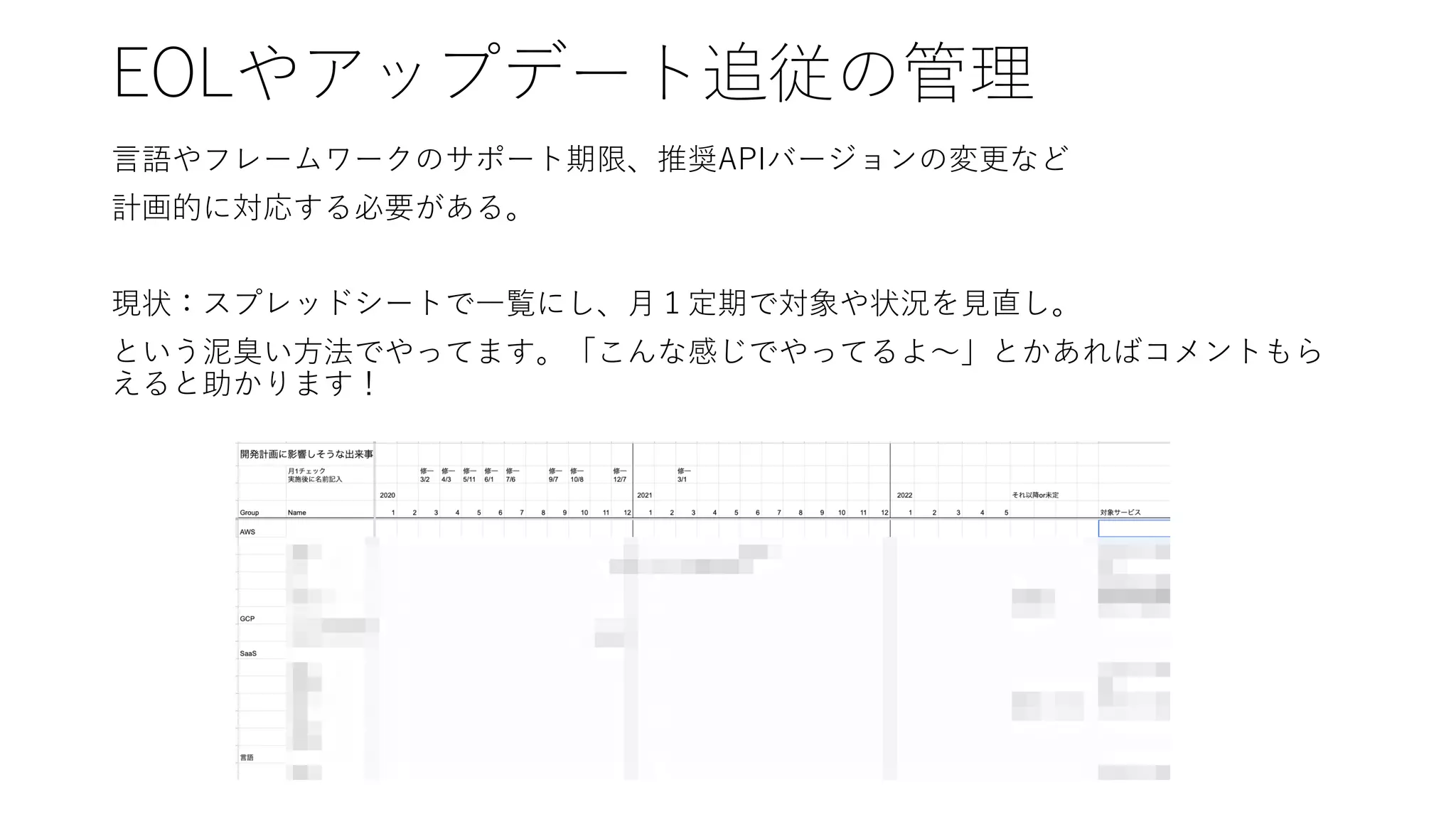 EOLやアップデート追従の管理
⾔語やフレームワークのサポート期限、推奨APIバージョンの変更など
計画的に対応する必要がある。
現状：スプレッドシートで⼀覧にし、⽉１定期で対象や状況を⾒直し。
という泥臭い⽅法でやってます。「こんな感じでやってるよ〜」とかあればコメントもら
えると助かります！
 
