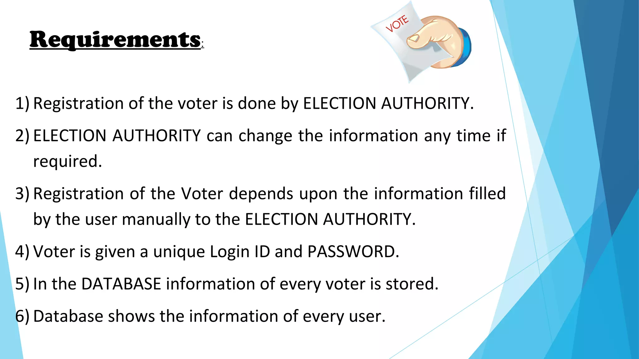 Requirements:
1) Registration of the voter is done by ELECTION AUTHORITY.
2) ELECTION AUTHORITY can change the information any time if
required.
3) Registration of the Voter depends upon the information filled
by the user manually to the ELECTION AUTHORITY.
4) Voter is given a unique Login ID and PASSWORD.
5) In the DATABASE information of every voter is stored.
6) Database shows the information of every user.
 