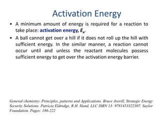 Activation Energy
• A minimum amount of energy is required for a reaction to
take place: activation energy, Ea.
• A ball cannot get over a hill if it does not roll up the hill with
sufficient energy. In the similar manner, a reaction cannot
occur until and unless the reactant molecules possess
sufficient energy to get over the activation energy barrier.
General chemistry- Principles, patterns and Applications. Bruce Averill, Strategic Energy
Security Solutions. Patricia Eldredge, R.H. Hand, LLC ISBN 13: 9781453322307. Saylor
Foundation. Pages: 186-222
 