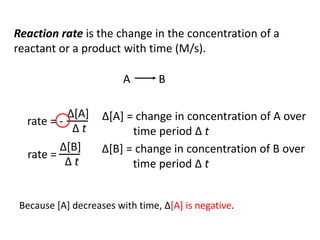Reaction rate is the change in the concentration of a
reactant or a product with time (M/s).
A B
rate = -
∆[A]
∆ t
rate =
∆[B]
∆ t
∆[A] = change in concentration of A over
time period ∆ t
∆[B] = change in concentration of B over
time period ∆ t
Because [A] decreases with time, ∆[A] is negative.
 