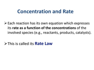Concentration and Rate
Each reaction has its own equation which expresses
its rate as a function of the concentrations of the
involved species (e.g., reactants, products, catalysts).
This is called its Rate Law
 