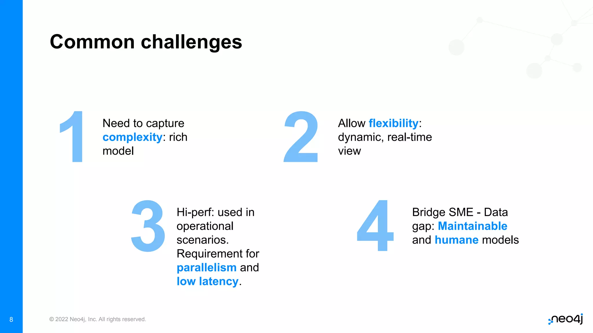 © 2022 Neo4j, Inc. All rights reserved.
8
Common challenges
1 2
Need to capture
complexity: rich
model
Allow flexibility:
dynamic, real-time
view
3 4
Hi-perf: used in
operational
scenarios.
Requirement for
parallelism and
low latency.
Bridge SME - Data
gap: Maintainable
and humane models
 