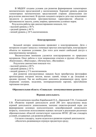 В МБДОУ созданы условия для развития формирования элементарных
математических представлений у воспитанников. Хороший уровень развития
элементарных математических представлений старшие дошкольники (по
результатам диагностики). В группах младшего возраста дети еще испытывают
трудности в различении пространственных характеристик объектов –
протяженности: высота, длина, ширина, применение условных мерок.
Результаты работы при диагностировании показали, что:
- высокий уровень у 30 %
- средний уровень у 46 %
- низкий уровень у 24 % воспитанников.
Конструирование
Большой интерес дошкольники проявляют к конструированию. Дети с
интересом создают замыслы с помощью простых конструкторов, конструируют
объекты по заданным условиям. Для этого дети имеют свободный доступ к
конструктивному материалу.
Воспитателями внимания уделяется конструированию из природных
материалов. Опыт работы в этом направлении отмечен в группах «Пчелки» и
«Капитошки», «Фантазеры», «Почемучки», «Всезнайки».
Результаты диагностики показали что:
- высокий уровень у 60 %
- средний уровень у 35 %
- низкий уровень у 5 % воспитанников.
Для развития конструктивных навыков были приобретены фотографии
архитектурных построек мостов, жилых зданий, театра и др. (младшая и
средняя группы). Так же необходимо дополнить развивающую среду групп
опорными схемами, моделями, пооперационными картами, простейшими
чертежами построек.
Образовательная область «Социально - коммуникативное развитие»
Игровая деятельность
В методическом пособии Карабановой О.А., Дороновой Т.Н., Соловьевой
Е.В. «Развитие игровой деятельности детей 208 лет» представлены виды
игровой деятельности дошкольников, значение сюжетно-ролевой игры для
формирования основных психологических новообразований дошкольного
возраста, технологии использования игровых методов в реализации различных
образовательных областей соответствуют идеологии ФГОС ДО как стандарта
условий, создаваемых для развития ребенка.
Согласно стандарту, задачи педагогов в развитии игровой деятельности:
-обеспечить развивающую игровую предметную среду;
14
 