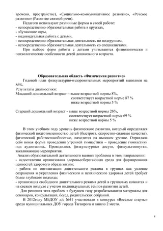 времени, пространстве), «Социально-коммуникативное развитие», «Речевое
развитие» (Развитие связной речи).
Педагоги используют различные формы в своей работе:
- непосредственно образовательная работа в кружках,
- обучающие игры,
- индивидуальная работа с детьми,
- непосредственно образовательная деятельность по подгруппам,
- непосредственно образовательная деятельность со специалистами.
При выборе форм работы с детьми учитываются физиологически и
психологические особенности детей дошкольного возраста.
Образовательная область «Физическая развитие»
Годовой план физкультурно-оздоровительных мероприятий выполнен на
86%.
Результаты диагностики:
Младший дошкольный возраст – выше возрастной нормы 8%,
соответствует возрастной норме 87 %
ниже возрастной нормы 5 %
Старший дошкольный возраст - выше возрастной нормы 26%,
соответствует возрастной норме 69 %
ниже возрастной нормы 5 %
В этом учебном году уровень физического развития, который определялся
физической подготовленностью детей (быстрота, скоростно-силовые качества),
физической работоспособностью, находится на высоком уровне. Оправдала
себя новая форма проведения утренней гимнастики – проведение гимнастики
под аудиозапись. Проводились физкультурные досуги, физкультминутки,
закаливающие мероприятия.
Анализ образовательной деятельности выявил проблемы в этом направлении:
- недостаточно организована здоровьесберегающая среда для формирования
ценностей здорового образа жизни;
- работа по оптимизации двигательного режима в группах как условие
сохранения и укрепления физического и психического здоровья детей требует
более глубокого подхода;
- организация свободного двигательного режима детей в групповых комнатах и
на свежем воздухе с учетом индивидуальных темпов развития детей.
Для решения этих проблем в будущем году разрабатываются материалы для
семинаров, консультаций, бесед, родительских собраний.
В 2012году МБДОУ д/с №41 участвовало в конкурсе «Веселые старты»
среди муниципальных ДОУ города Таганрога и заняло 2 место.
8
 