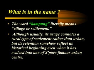 What is in the name ? The word  “kampung”  literally means “village or settlement.” Although usually, its usage connotes a rural type of settlement rather than urban, but its retention somehow reflect its historical beginning even when it has evolved into one of S’pore famous urban centre. 