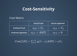 Cost-Sensitivity
Typical evaluation of a classiﬁcation model:
Actual Fraud Actual Legitimate
Predicted Fraud True Positives (TP) False Positives (FP)
Predicted Legitimate False Negatives (FN) True Negatives (FN)
Accuracy = TP+FP+TN+FN
TP+TN
F Score =1 TP+FN+FP
TP
45
 