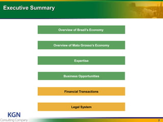 Executive Summary
2
Overview of Brazils Economy
Overview of Mato Grossos Economy
Expertise
Business Opportunities
Financial Transactions
Legal System
 
