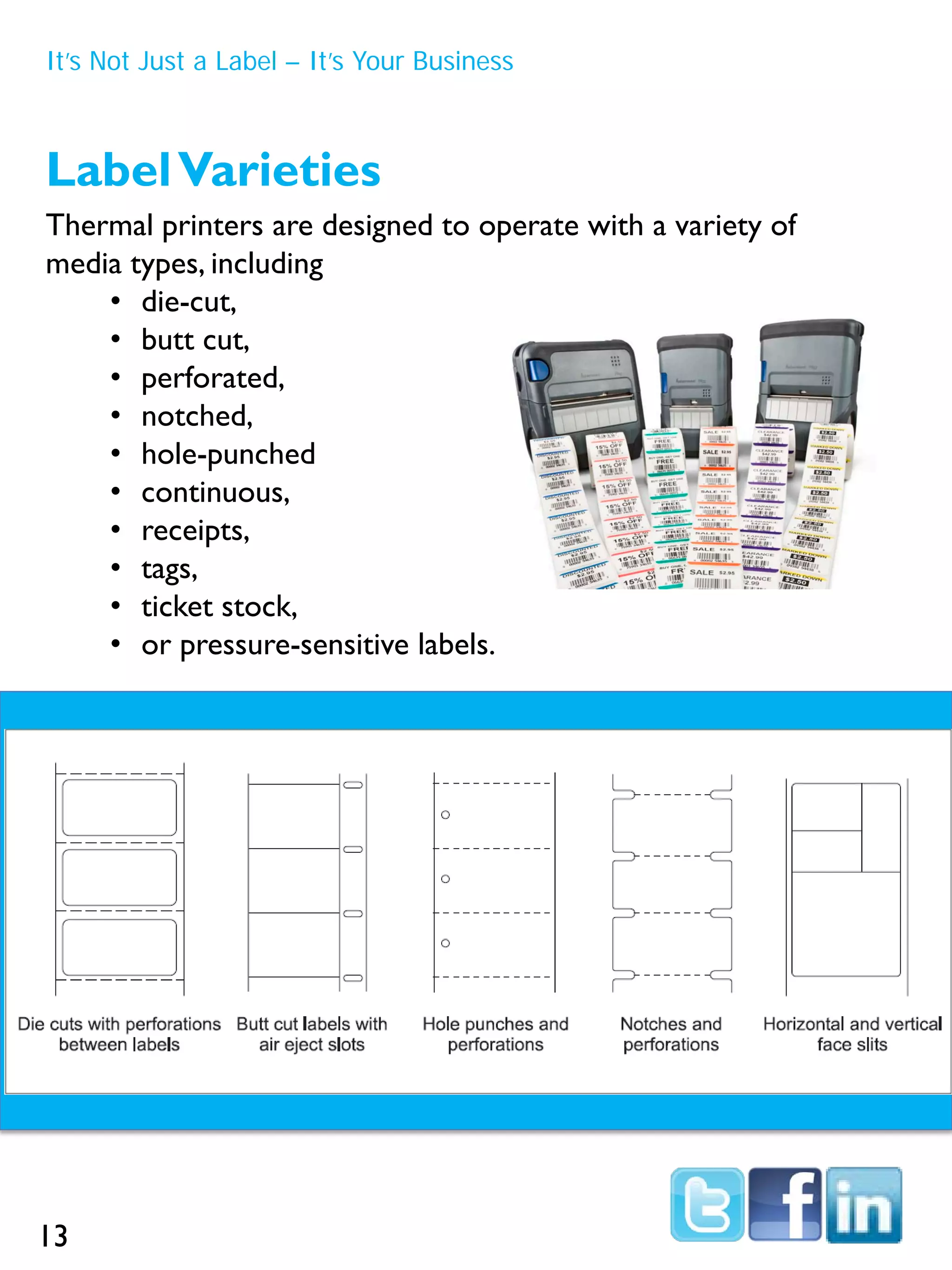 LabelVarieties
Thermal printers are designed to operate with a variety of
media types, including
• die-cut,
• butt cut,
• perforated,
• notched,
• hole-punched
• continuous,
• receipts,
• tags,
• ticket stock,
• or pressure-sensitive labels.
It’s Not Just a Label – It’s Your Business
13
 