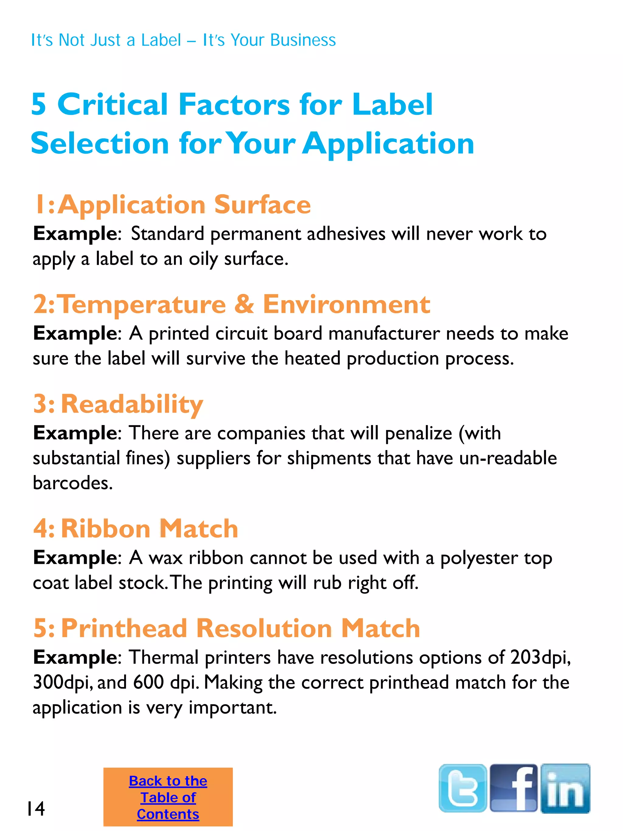 5 Critical Factors for Label
Selection forYour Application
1:Application Surface
Example: Standard permanent adhesives will never work to
apply a label to an oily surface.
2:Temperature & Environment
Example: A printed circuit board manufacturer needs to make
sure the label will survive the heated production process.
3: Readability
Example: There are companies that will penalize (with
substantial fines) suppliers for shipments that have un-readable
barcodes.
4: Ribbon Match
Example: A wax ribbon cannot be used with a polyester top
coat label stock.The printing will rub right off.
5: Printhead Resolution Match
Example: Thermal printers have resolutions options of 203dpi,
300dpi, and 600 dpi. Making the correct printhead match for the
application is very important.
It’s Not Just a Label – It’s Your Business
14
Back to the
Table of
Contents
 