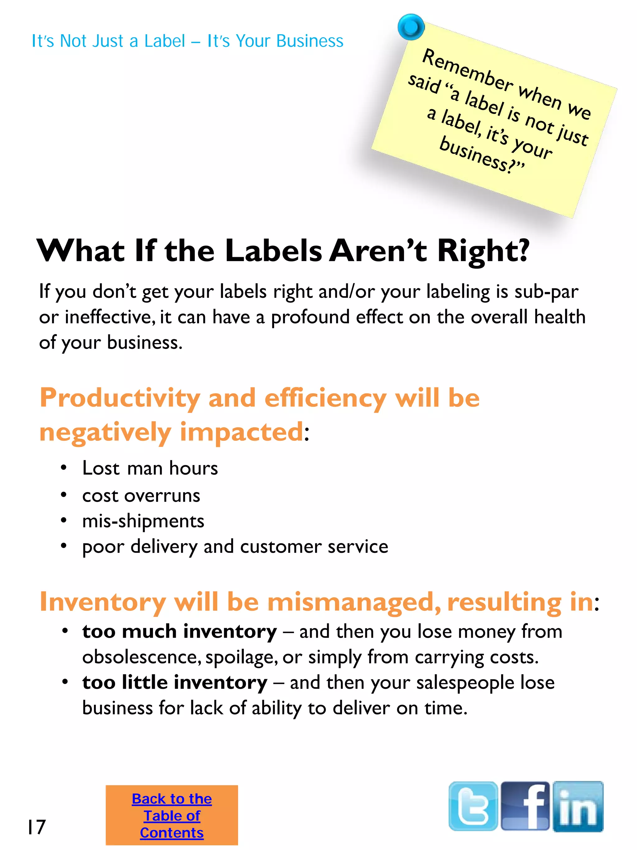 If you don’t get your labels right and/or your labeling is sub-par
or ineffective, it can have a profound effect on the overall health
of your business.
Productivity and efficiency will be
negatively impacted:
• Lost man hours
• cost overruns
• mis-shipments
• poor delivery and customer service
Inventory will be mismanaged, resulting in:
• too much inventory – and then you lose money from
obsolescence, spoilage, or simply from carrying costs.
• too little inventory – and then your salespeople lose
business for lack of ability to deliver on time.
What If the Labels Aren’t Right?
It’s Not Just a Label – It’s Your Business
17
Back to the
Table of
Contents
 