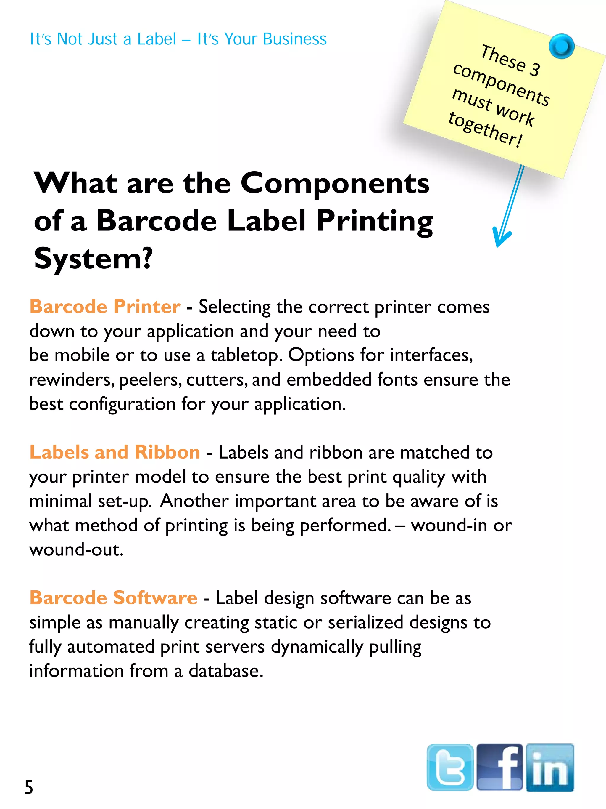 Barcode Printer - Selecting the correct printer comes
down to your application and your need to
be mobile or to use a tabletop. Options for interfaces,
rewinders, peelers, cutters, and embedded fonts ensure the
best configuration for your application.
Labels and Ribbon - Labels and ribbon are matched to
your printer model to ensure the best print quality with
minimal set-up. Another important area to be aware of is
what method of printing is being performed. – wound-in or
wound-out.
Barcode Software - Label design software can be as
simple as manually creating static or serialized designs to
fully automated print servers dynamically pulling
information from a database.
What are the Components
of a Barcode Label Printing
System?
It’s Not Just a Label – It’s Your Business
5
 