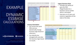 EXAMPLE
DYNAMIC
ESSBASE
CALCULATIONS
Legacy Business Rule
• Provides the ability to
pass the POV
(Page/Header) to a
business rule to isolate
what is calculated
• Executes on all rows and
columns regardless of the
state of the data
Groovy Calculation
• Can access the same
POV and can
dynamically change
business logic based on
selections
• Can identify the
changed cells and alter
the business logic based
on results
 