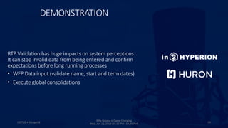 DEMONSTRATION
ODTUG • KScope18 59
Why Groovy is Game Changing
Wed, Jun 13, 2018 (03:30 PM - 04:30 PM)
RTP Validation has huge impacts on system perceptions.
It can stop invalid data from being entered and confirm
expectations before long running processes
• WFP Data input (validate name, start and term dates)
• Execute global consolidations
 