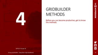 GRIDBUILDER
METHODS
Before you can become productive, get to know
the methods.
16Groovy Grid Builder – Deep Dive • Kyle Goodfriend
ODTUG • Kscope 18
4
 