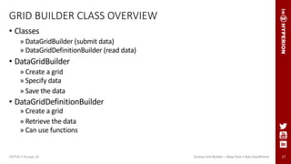 Groovy Grid Builder – Deep Dive • Kyle Goodfriend 17
GRID BUILDER CLASS OVERVIEW
• Classes
» DataGridBuilder (submit data)
» DataGridDefinitionBuilder (read data)
• DataGridBuilder
» Create a grid
» Specify data
» Save the data
• DataGridDefinitionBuilder
» Create a grid
» Retrieve the data
» Can use functions
ODTUG • Kscope 18 Groovy Grid Builder – Deep Dive • Kyle Goodfriend
 