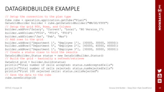 19
DATAGRIDBUILDER EXAMPLE
// Setup the connection to the plan type
Cube cube = operation.application.getCube("Plan1")
DataGridBuilder builder = cube.getDataGridBuilder("MM/DD/YYYY")
// Setup the grid POV, Rows, and Columns
builder.addPov('Salary', 'Current', 'Local', 'BU Version_1’)
builder.addColumn('FY16', 'FY16', 'FY16’)
builder.addColumn('Jan', 'Feb', 'Mar’)
// Add rows to the grid
builder.addRow(['Department 1', 'Employee 1'], [30000, 30000, 30000])
builder.addRow(['Department 5', 'Employee 2'], [40000, 40000, 40000])
builder.addRow(['Department 1', 'Employee 3'], [30000, 30000, 30000])
// Create a status class to hold the results
DataGridBuilder.Status status = new DataGridBuilder.Status()
// Build the grid – basically a refresh/retrieve
DataGrid grid = builder.build(status)
println("Total number of cells accepted: status.numAcceptedCells")
println("Total number of cells rejected: status.numRejectedCells")
println("First 100 rejected cells: status.cellsRejected")
// Save the data to the cube
cube.saveGrid(grid)
ODTUG • Kscope 18 Groovy Grid Builder – Deep Dive • Kyle Goodfriend
 