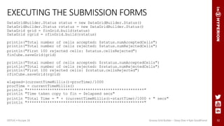 32
EXECUTING THE SUBMISSION FORMS
DataGridBuilder.Status status = new DataGridBuilder.Status()
DataGridBuilder.Status rstatus = new DataGridBuilder.Status()
DataGrid grid = finGrid.build(status)
DataGrid rgrid = rfinGrid.build(rstatus)
println("Total number of cells accepted: $status.numAcceptedCells")
println("Total number of cells rejected: $status.numRejectedCells")
println("First 100 rejected cells: $status.cellsRejected")
finCube.saveGrid(grid)
println("Total number of cells accepted: $rstatus.numAcceptedCells")
println("Total number of cells rejected: $rstatus.numRejectedCells")
println("First 100 rejected cells: $rstatus.cellsRejected")
rfinCube.saveGrid(rgrid)
elapsed=(currentTimeMillis()-procTime)/1000
procTime = currentTimeMillis()
println "****************************************************"
println "Time taken copy to fin = $elapsed secs"
println "Total Time = " + (currentTimeMillis()-startTime)/1000 + " secs"
println "****************************************************"
ODTUG • Kscope 18 Groovy Grid Builder – Deep Dive • Kyle Goodfriend
 