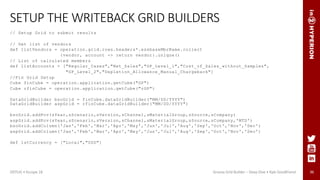 36
SETUP THE WRITEBACK GRID BUILDERS
// Setup Grid to submit results
// Get list of vendors
def listVendors = operation.grid.rows.headers*.essbaseMbrName.collect
{vendor, account -> return vendor}.unique()
// List of calculated members
def listAccounts = ["Regular_Cases","Net_Sales","GP_Level_1","Cost_of_Sales_without_Samples",
"GP_Level_2","Depletion_Allowance_Manual_Chargeback"]
//Fin Grid Setup
Cube finCube = operation.application.getCube("GP")
Cube rfinCube = operation.application.getCube("rGP")
DataGridBuilder bsoGrid = finCube.dataGridBuilder("MM/DD/YYYY")
DataGridBuilder aspGrid = rfinCube.dataGridBuilder("MM/DD/YYYY")
bsoGrid.addPov(sYear,sScenario,sVersion,sChannel,sMaterialGroup,sSource,sCompany)
aspGrid.addPov(sYear,sScenario,sVersion,sChannel,sMaterialGroup,sSource,sCompany,'MTD')
bsoGrid.addColumn('Jan','Feb','Mar','Apr','May','Jun','Jul','Aug','Sep','Oct','Nov','Dec')
aspGrid.addColumn('Jan','Feb','Mar','Apr','May','Jun','Jul','Aug','Sep','Oct','Nov','Dec')
def lstCurrency = ["Local","USD"]
ODTUG • Kscope 18 Groovy Grid Builder – Deep Dive • Kyle Goodfriend
 