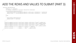 39
ADD THE ROWS AND VALUES TO SUBMIT (PART 3)
sValues.add(setValue)
addcells << setValue
// Convert Currency if account should be converted
if(convertCurrency(account)){
sValuesUSD.add(currencyRates[cMonth].toString().toDouble() * setValue)
addcellsUSD << currencyRates[cMonth].toString().toDouble() * setValue
}
else
{
sValuesUSD.add(setValue)
addcellsUSD << setValue
}
}
bsoGrid.addRow([account.toString(),vendor.toString(),'Local'],addcells)
bsoGrid.addRow([account.toString(),vendor.toString(),'USD'],addcellsUSD)
aspGrid.addRow([account.toString(),vendor.toString(),'Local'],addcells)
aspGrid.addRow([account.toString(),vendor.toString(),'USD'],addcellsUSD)
println account + ' ' + vendor + ' Local:' + addcells
println account + ' ' + vendor + ' USD:' + addcellsUSD
}
}
ODTUG • Kscope 18 Groovy Grid Builder – Deep Dive • Kyle Goodfriend
 
