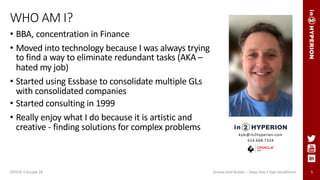 5
WHO AM I?
• BBA, concentration in Finance
• Moved into technology because I was always trying
to find a way to eliminate redundant tasks (AKA –
hated my job)
• Started using Essbase to consolidate multiple GLs
with consolidated companies
• Started consulting in 1999
• Really enjoy what I do because it is artistic and
creative - finding solutions for complex problems
ODTUG • Kscope 18 Groovy Grid Builder – Deep Dive • Kyle Goodfriend
kyle@in2hyperion.com
614.668.7324
 