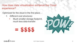 37© 2017 Delphix Corporation
Optimized for the cloud in the first place…
1. Different cost structures
 Much smaller storage footprint,
much less data-transfer
How does data virtualization enhance the Cloud
experience?
 