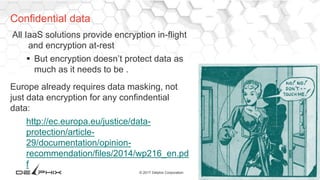39© 2017 Delphix Corporation
All IaaS solutions provide encryption in-flight
and encryption at-rest
 But encryption doesn’t protect data as
much as it needs to be .
Europe already requires data masking, not
just data encryption for any confindential
data:
http://ec.europa.eu/justice/data-
protection/article-
29/documentation/opinion-
recommendation/files/2014/wp216_en.pd
f
Confidential data
 