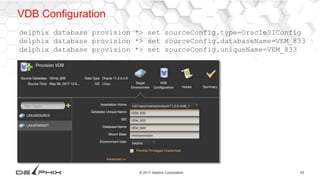 53© 2017 Delphix Corporation
delphix database provision *> set sourceConfig.type=OracleSIConfig
delphix database provision *> set sourceConfig.databaseName=VEM_833
delphix database provision *> set sourceConfig.uniqueName=VEM_833
VDB Configuration
 