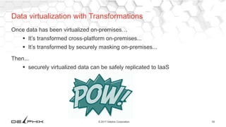 55© 2017 Delphix Corporation
Once data has been virtualized on-premises…
 It’s transformed cross-platform on-premises...
 It’s transformed by securely masking on-premises...
Then...
 securely virtualized data can be safely replicated to IaaS
Data virtualization with Transformations
 