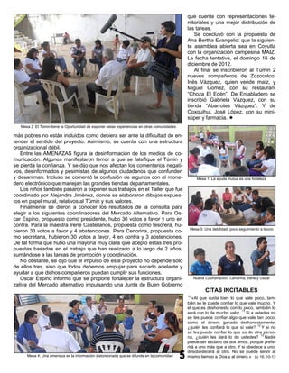 que cuente con representaciones te-
                                                                                              rritoriales y una mejor distribución de
                                                                                              las tareas.
                                                                                                  Se concluyó con la propuesta de
                                                                                              Ana Bertha Evangelio: que la siguien-
                                                                                              te asamblea abierta sea en Coyutla
                                                                                              con la organización campesina MAIZ.
                                                                                              La fecha tentativa, el domingo 16 de
                                                                                              diciembre de 2012.
                                                                                                  Al final se inscribieron al Túmin 2
                                                                                              nuevos compañeros de Zozocolco:
                                                                                              Inés Vázquez, quien vende maíz, y
                                                                                              Miguel Gómez, con su restaurant
                                                                                              “Choza El Edén”. De Entabladero se
                                                                                              inscribió Gabriela Vázquez, con su
                                                                                              tienda “Abarrotes Vázquez”. Y de
                                                                                              Coxquihui, José López, con su mini-
                                                                                              súper y farmacia. 
   Mesa 2: El Túmin tiene la Oportunidad de exponer estas experiencias en otras comunidades

más pobres no están incluidos como debiera ser ante la dificultad de en-
tender el sentido del proyecto. Asimismo, se cuenta con una estructura
organizacional débil.
   Entre las AMENAZAS figura la desinformación de los medios de co-
municación. Algunos manifestaron temor a que se falsifique el Túmin y
se pierda la confianza. Y se dijo que nos afectan los comentarios negati-
vos, desinformados y pesimistas de algunos ciudadanos que confunden
y desaniman. Incluso se comentó la confusión de algunos con el mone-                                Mesa 1: La ayuda mutua es una fortaleza
dero electrónico que manejan las grandes tiendas departamentales.
   Los niños también pasaron a exponer sus trabajos en el Taller que fue
coordinado por Alejandra Jiménez, donde se elaboraron dibujos expues-
tos en papel mural, relativos al Túmin y sus valores.
   Finalmente se dieron a conocer los resultados de la consulta para
elegir a los siguientes coordinadores del Mercado Alternativo. Para Os-
car Espino, propuesto como presidente, hubo 36 votos a favor y uno en
contra. Para la maestra Irene Castellanos, propuesta como tesorera, hu-
                                                                                               Mesa 3: Una debilidad: poco seguimiento a lsocio
bieron 33 votos a favor y 4 abstenciones. Para Cenorina, propuesta co-
mo secretaria, hubieron 30 votos a favor, 4 en contra y 3 abstenciones.
De tal forma que hubo una mayoría muy clara que aceptó estas tres pro-
puestas basadas en el trabajo que han realizado a lo largo de 2 años,
sumándose a las tareas de promoción y coordinación.
   No obstante, se dijo que el impulso de este proyecto no depende sólo
de ellos tres, sino que todos debemos empujar para sacarlo adelante y
ayudar a que dichos compañeros puedan cumplir sus funciones.
   Oscar Espino informó que se propone fortalecer la estructura organi-                            Nueva Coordinación: Cenorina, Irene y Oscar
zativa del Mercado alternativo impulsando una Junta de Buen Gobierno
                                                                                                         CITAS INCITABLES
                                                                                              10
                                                                                                 »Al que cuida bien lo que vale poco, tam-
                                                                                              bién se le puede confiar lo que vale mucho. Y
                                                                                              el que es deshonesto con lo poco, también lo
                                                                                                                           11
                                                                                              será con lo de mucho valor. Si a ustedes no
                                                                                              se les puede confiar algo que vale tan poco,
                                                                                              como el dinero ganado deshonestamente,
                                                                                                                                   12
                                                                                              ¿quién les confiará lo que sí vale? Y si no
                                                                                              se les puede confiar lo que es de otra perso-
                                                                                                                                     13
                                                                                              na, ¿quién les dará lo de ustedes? Nadie
                                                                                              puede ser esclavo de dos amos, porque prefe-
                                                                                              rirá a uno más que a otro. Y si obedece a uno,
                                                                                              desobedecerá al otro. No se puede servir al
      Mesa 4: Una amenaza es la información distorsionada que se difunde en la comunidad      mismo tiempo a Dios y al dinero.» Lc 16, 10-13
 