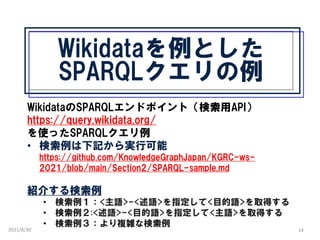 Wikidataを例とした
SPARQLクエリの例
2021/8/30 14
WikidataのSPARQLエンドポイント（検索用API）
https://query.wikidata.org/
を使ったSPARQLクエリ例
• 検索例は下記から実行可能
https://github.com/KnowledgeGraphJapan/KGRC-ws-
2021/blob/main/Section2/SPARQL-sample.md
紹介する検索例
• 検索例１：<主語>-<述語>を指定して<目的語>を取得する
• 検索例２:<述語>-<目的語>を指定して<主語>を取得する
• 検索例３：より複雑な検索例
 