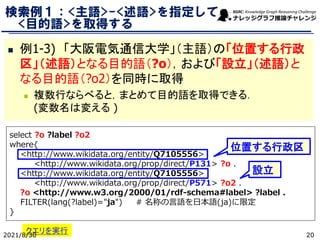 検索例１：<主語>-<述語>を指定して
<目的語>を取得する
select ?o ?label ?o2
where{
<http://www.wikidata.org/entity/Q7105556>
<http://www.wikidata.org/prop/direct/P131> ?o .
<http://www.wikidata.org/entity/Q7105556>
<http://www.wikidata.org/prop/direct/P571> ?o2 .
?o <http://www.w3.org/2000/01/rdf-schema#label> ?label .
FILTER(lang(?label)="ja") # 名称の言語を日本語(ja)に限定
}
クエリを実行
位置する行政区
設立
◼ 例1-3) 「大阪電気通信大学」（主語）の「位置する行政
区」（述語）となる目的語（?o），および「設立」（述語）と
なる目的語（?o2）を同時に取得
◼ 複数行ならべると，まとめて目的語を取得できる．
(変数名は変える )
2021/8/30 20
 