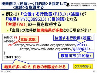 検索例２:<述語>-<目的語>を指定して
<主語>を取得する
◼ 例2-1） 「位置する行政区（P131）」（述語）が
「寝屋川市（Q389633）」（目的語）となる
「主語（?s）」の一覧を取得する
◼ 「主語」の取得は検索結果が多数となる場合が多い
select ?s
where{
?s <http://www.wikidata.org/prop/direct/P131>
<http://www.wikidata.org/entity/Q389633> .
}
LIMIT 100 寝屋川市（目的語）
位置する行政区（述語）
結果が多いので，件数の制限をかける
主語（変数）
クエリを実行
2021/8/30 22
 