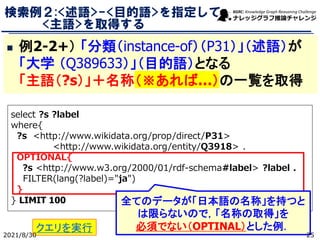 検索例２:<述語>-<目的語>を指定して
<主語>を取得する
◼ 例2-2+） 「分類（instance-of）（P31）」（述語）が
「大学 （Q389633）」（目的語）となる
「主語（?s）」＋名称（※あれば…）の一覧を取得
select ?s ?label
where{
?s <http://www.wikidata.org/prop/direct/P31>
<http://www.wikidata.org/entity/Q3918> .
OPTIONAL{
?s <http://www.w3.org/2000/01/rdf-schema#label> ?label .
FILTER(lang(?label)="ja")
}
} LIMIT 100 全てのデータが「日本語の名称」を持つと
は限らないので，「名称の取得」を
必須でない（OPTINAL）とした例．
クエリを実行
2021/8/30 25
 