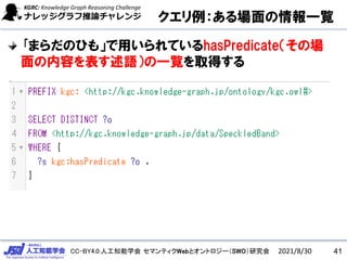 CC-BY4.0:人工知能学会 セマンティクWebとオントロジー（SWO）研究会
クエリ例：ある場面の情報一覧
2021/8/30 41
｢まらだのひも」で用いられているhasPredicate（その場
面の内容を表す述語）の一覧を取得する
 