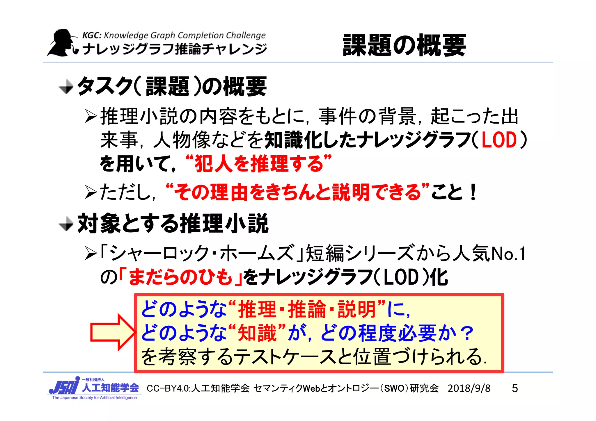 CC-BY4.0:人工知能学会 セマンティクWebとオントロジー（SWO）研究会
タスク（課題）の概要
推理小説の内容をもとに，事件の背景，起こった出
来事，人物像などを知識化したナレッジグラフ（LOD）
を用いて，“犯人を推理する”
ただし，“その理由をきちんと説明できる”こと！
対象とする推理小説
「シャーロック・ホームズ」短編シリーズから人気No.1
の「まだらのひも」をナレッジグラフ（LOD）化
5
どのような“推理・推論・説明”に，
どのような“知識”が，どの程度必要か？
を考察するテストケースと位置づけられる．
2018/9/8
課題の概要
 