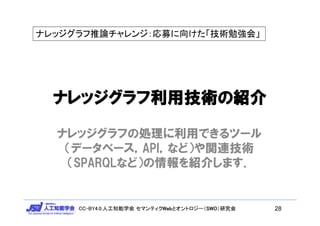 CC-BY4.0:人工知能学会 セマンティクWebとオントロジー（SWO）研究会CC-BY4.0:人工知能学会 セマンティクWebとオントロジー（SWO）研究会
ナレッジグラフ利用技術の紹介
ナレッジグラフの処理に利用できるツール
（データベース，API，など）や関連技術
（SPARQLなど）の情報を紹介します．
ナレッジグラフ推論チャレンジ：応募に向けた「技術勉強会」
28
 