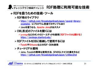 CC-BY4.0:人工知能学会 セマンティクWebとオントロジー（SWO）研究会
RDFを扱うための技術・ツール
RDF用のライブラリ
https://github.com/KnowledgeGraphJapan/sparql-library-
examples にプログラム言語でのサンプルあり
Javaを使うなら，Apache Jenaがおススメ
OWL形式のファイルを開くには
protégéなどのオントロジーエディタを使用（RDFファイルも開ける）
https://protege.stanford.edu/
RDFファイルをDBに格納して使用するには
FusekiやVirtuosoなどのRDF-DBを使用
チュートリアル資料
Jena，Fusekiの簡単な使用方法，SPARQLクエリの書き方など
https://github.com/KnowledgeGraphJapan/LODws2nd
31
RDF処理に利用可能な技術
 