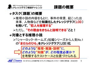 CC-BY4.0:人工知能学会 セマンティクWebとオントロジー（SWO）研究会
タスク（課題）の概要
推理小説の内容をもとに，事件の背景，起こった出
来事，人物像などを知識化したナレッジグラフ（LOD）
を用いて，“犯人を推理する”
ただし，“その理由をきちんと説明できる”こと！
対象とする推理小説
「シャーロック・ホームズ」短編シリーズから人気No.1
の「まだらのひも」をナレッジグラフ（LOD）化
5
どのような“推理・推論・説明”に，
どのような“知識”が，どの程度必要か？
を考察するテストケースと位置づけられる．
2018/9/8
課題の概要
 