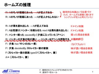ホームズの推理
R： Aのモノが現場にあった → Aが犯人である
R： Aのモノが現場にあった → Aが犯人かもしれない
R： Aが馬を連れ出した → Aが犯人である
F： Aは見張り（ハンター）を眠らせた next Aは馬を連れ出した；
F： ハンター眠った causedBy （夕食に入っていた）アヘン；
R： ハンターの夕食の味が濃い → ハンターはアヘンを摂取する
F： 夕食 has マトンのカレー煮；
F： 夕食 decidedBy ストレイカー家の家族
F：ストレイカー家の家族 typeOf ｛ストレイカー，妻｝
A＝ ｛ストレイカー，妻｝
5
ドメイン知識
確率的な知識という位置づけ
（ただ，ホームズも現場に着くまで
シンプソンが犯人と考えていた）
ドメイン知識
眠った理由を検索
小説的肝①
（なくてもよい）
味が濃い理由を検索
味が濃い理由を検索
F： 提供されたナレッジグラフ内のファクト
R： 追加すべきルール
 