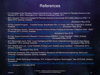References
• [1] Committee on the Planetary Science Decadel Survey, Voyages and Vision for Planetary Science in the
Decade 2013 - 2022, Washington D.C.: National Academies Press, 2011.
• [2] S. Squyres, "Vision and Voyages for Planetary Science in the Decade 2013-2022, Rollout at LPSC," 11
March 2010. [Online]. Available:
http://solarsystem.nasa.gov/docs/Squyres_2013_Decadal_Rollout_at_LPSC.pdf . [Accessed 4 May 2015].
• [3] The CubeSat Program, , "CubeSat Design Specification Rev 13, Final2, PDF File," 6 April 2015. [Online].
Available: http://cubesat.org/images/developers/cds_rev13_final2.pdf . [Accessed 4 May 2015].
• [4] The Planetary Society, "NASA's Planetary Science Division Funding and Number of Missions 2004 - 2020,"
9 February 2015. [Online]. Available: http://www.planetary.org/multimedia/space-images/charts/historical-
levels-of-planetary-exploration-funding-fy2003-fy2019.html . [Accessed 6 May 2015].
• [5] Solar System Exploration Research Virtual Institute (SSERVI), "Lunar Flashlight," NASA, [Online].
Available: http://sservi.nasa.gov/articles/lunar-flashlight/ . [Accessed 6 May 2015].
• [6] P. Banazadeh and A. Frick, “Lunar Flashlight and NEA Scout: A NanoSat Architecture for Deep Space
Exploration," 2014. [Online]. Available: http://www.intersmallsatconference.com/ . [Accessed 6 May 2015].
• [7] R. Staehle and e. al., “Lunar Flashlight: Finding Lunar Volatiles Using CubeSats," 13 November 2013.
[Online]. Available: http://sservi.nasa.gov/wp-content/uploads/2014/04/Staehle-presentation-Lunar-Flashlight-
20131109.pdf . [Accessed 6 May 2015].
• [8] Michael Swartwout, PhD, Associate Professor, Aerospace and Mechanical Engineering, Saint Louis
University, CubeSat Database. [Online]. Available: https://sites.google.com/a/slu.edu/swartwout/home/cubesat-
database
• [9] NASA, “NASA Technology Roadmaps, TA 2: In-Space Propulsion Technologies”, May 2015 Draft. [Online.]
Available at:
http://www.nasa.gov/sites/default/files/atoms/files/2015_nasa_technology_roadmaps_ta_2_in_space_propulsio
n.pdf [Accessed 12 October 2015]
K. Grothe – Applying a Systems Engineering Process to
a Conceptual Mercury CubeSat Mission4/30/2016 31
 