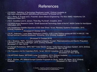 References
• [10] NASA, “Definition of Technology Readiness Levels.” [Online]. Available at:
http://esto.nasa.gov/files/trl_definitions.pdf [Accessed 12 October 2015]
• [11] J. Wertz, D. Everett and J. Puschell, Space Mission Engineering: The New SMAD. Hawthorne, CA:
Microcosm Press, 2011.
• [12] C. Gustafson and S. Janson, 'Think Big, Fly Small', Crosslink, 2014.
• [13] NASA Ames Research Center, 'Small Spacecraft Technology State of the Art', NASA Center for AeroSpace
Information, 2014.
• [14] Canisterized Satellite Dispenser (CSD) Data Sheet, 1st ed. Planetary Systems Corporation, 2015.
[Online]. Available at: http://www.planetarysystemscorp.com/web/wp-content/uploads/2015/08/2002337C-
CSD-Data-Sheet.pdf [Accessed 31 October 2015]
• [15] W. Holemans, 'Lunar Water Distribution (LWaDi)-- a 6U Lunar Orbiting spacecraft SSC14-WK-22', 11th
Annual Summer CubeSat Developers' Workshop, 2014. [Online]. Available at:
http://www.planetarysystemscorp.com/web/wp-content/uploads/2014/09/Lunar-Water-Distribution-LWaDi-a-6U-
Lunar-Orbiting-spacecraft.pdf [Accessed 31 October 2015]
• [16] J. Sheehan, 'PEPL: Thrusters: CubeSat Ambipolar Thruster', Plasmadynamics and Electric Propulsion
Laboratory, University of Michigan, 2015. [Online]. Available: http://pepl.engin.umich.edu/thrusters/CAT.html
[Accessed: 01- Nov- 2015].
• [17] Aerojet Rocketdyne, 'MPS-160™ Solar Electric Power / Solar Electric Propulsion System', 2015. [Online].
Available: http://www.rocket.com/cubesat/mps-160 [Accessed: 01- Nov- 2015].
• [18] Propulsion Unit for CubeSats (PUC), 1st ed. VACCO Industries, 2015. [Online]. Available:
http://www.vacco.com/images/uploads/pdfs/11044000-01_PUC.pdf [Accessed: 01- Nov- 2015].
• [19] ARTEMIS Space, 'ARTEMIS Lunar Constellation', 2014. [Online]. Available: http://www.artemis-
space.com/artemis-lunar-constellation/ [Accessed: 01- Nov- 2015].
• [20] P. Dyches, 'JPL Selects Europa CubeSat Proposals for Study', NASA JPL News, 2014. [Online].
Available: http://www.jpl.nasa.gov/news/news.php?feature=4330 [Accessed: 01- Nov- 2015].
K. Grothe – Applying a Systems Engineering Process to
a Conceptual Mercury CubeSat Mission4/30/2016 32
 