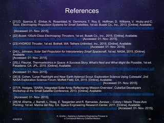 References
• [21] D. Spence, E. Ehrbar, N. Rosenblad, N. Demmons, T. Roy, S. Hoffman, D. Williams, V. Hruby and C.
Tocci, Electrospray Propulsion Systems for Small Satellites, 1st ed. Busek Co., Inc., 2013. [Online]. Available:
http://digitalcommons.usu.edu/cgi/viewcontent.cgi?filename=0&article=2960&context=smallsat&type=additiona
l [Accessed: 01- Nov- 2015].
• [22] Busek 100uN-Class Electrospray Thrusters, 1st ed. Busek Co., Inc., 2015. [Online]. Available:
http://www.busek.com/index_htm_files/70008516E.pdf [Accessed: 01- Nov- 2015].
• [23] HYDROS Thruster, 1st ed. Bothell, WA: Tethers Unlimited, Inc., 2015. [Online]. Available:
http://www.tethers.com/SpecSheets/Brochure_HYDROS.pdf [Accessed: 01- Nov- 2015].
• [24] L. Johnson, Solar Sail Propulsion for Interplanetary Small Spacecraft, 1st ed. NASA, 2015. [Online].
Available: http://images.spaceref.com/fiso/2015/032515_les_johnson_nasa_msfc/Johnson_3-25-15.pdf
[Accessed: 01- Nov- 2015].
• [25] J. Fleurial, Thermoelectrics in Space: A Success Story, What’s Next and What Might Be Possible, 1st ed.
Pasadena, CA: JPL, 2015. [Online]. Available:
http://www.kiss.caltech.edu/study/adaptiveII/Kiss%202015%20Workshop%20JPF%20TE%20Brief%20rev1.pdf
[Accessed: 01- Nov- 2015].
• [26] B. Cohen, 'Lunar Flashlight and Near Earth Asteroid Scout: Exploration Science Using Cubesats', 2nd
NASA Exploration Science Forum; Moffett Field, CA, 2015. [Online]. Available:
http://ntrs.nasa.gov/archive/nasa/casi.ntrs.nasa.gov/20150015511.pdf [Accessed: 01- Nov- 2015].
• [27] R. Hodges, 'ISARA: Integrated Solar Array Reflectarray Mission Overview', CubeSat Developers
Workshop at the Small Satellite Conference, 2013. [Online]. Available:
http://digitalcommons.usu.edu/cgi/viewcontent.cgi?filename=0&article=2877&context=smallsat&type=additiona
l [Accessed: 01- Nov- 2015].
• [28] M. Aherne, J. Barrett, L. Hoag, E. Teegarden and R. Ramadas, Aeneas -- Colony I Meets Three-Axis
Pointing, 1st ed. Marina del Rey, CA: Space Engineering Research Center, 2011. [Online]. Available:
http://digitalcommons.usu.edu/cgi/viewcontent.cgi?article=1181&context=smallsat [Accessed: 01- Nov- 2015].
K. Grothe – Applying a Systems Engineering Process to
a Conceptual Mercury CubeSat Mission4/30/2016 33
 