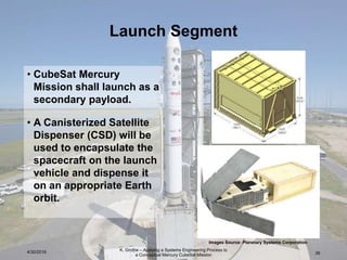 Launch Segment
• CubeSat Mercury
Mission shall launch as a
secondary payload.
• A Canisterized Satellite
Dispenser (CSD) will be
used to encapsulate the
spacecraft on the launch
vehicle and dispense it
on an appropriate Earth
orbit.
K. Grothe – Applying a Systems Engineering Process to
a Conceptual Mercury CubeSat Mission 39
Images Source: Planetary Systems Corporation
4/30/2016
 