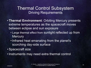 Thermal Control Subsystem
Driving Requirements
• Thermal Environment: Orbiting Mercury presents
extreme temperatures as the spacecraft moves
between eclipse and sun exposure
• Large thermal effect from sunlight reflected up from
Mercury
• Infrared heat emanating from the planet's
scorching day-side surface
• Spacecraft size
• Instruments may need extra thermal control
K. Grothe – Applying a Systems Engineering Process to
a Conceptual Mercury CubeSat Mission
44
4/30/2016
 