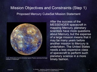 Mission Objectives and Constraints (Step 1)
Proposed Mercury CubeSat Mission Statement
After the success of the
MESSENGER spacecraft in
mapping Mercury, planetary
scientists have more questions
about Mercury, but the expense
of a large mission means that it
may be many years before
another mission to Mercury is
undertaken. The United States
needs a less expensive class
of spacecraft to perform such
planetary science in a more
timely fashion.
Credit: NASA/Johns Hopkins University Applied Physics Laboratory/Carnegie
Institution of Washington
K. Grothe – Applying a Systems Engineering Process to
a Conceptual Mercury CubeSat Mission
4/30/2016 7
 