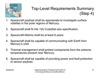 Top-Level Requirements Summary
(Step 4)
1. Spacecraft payload shall be appropriate to investigate surface
volatiles in the polar regions of Mercury.
2. Spacecraft shall fit into 12U CubeSat size specification.
3. Spacecraft lifetime shall be at least 8 years.
4. Spacecraft shall be capable of communicating with Earth from
Mercury’s orbit.
5. Thermal management shall protect components from the extreme
temperatures present near Mercury.
6. Spacecraft shall be capable of providing power and fault protection
to sensor payload.
4/9/2016 Applying Systems Engineering Process to
a Conceptual Mercury CubeSat Mission
11
 