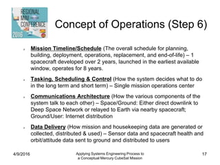 Concept of Operations (Step 6)
 Mission Timeline/Schedule (The overall schedule for planning,
building, deployment, operations, replacement, and end-of-life) – 1
spacecraft developed over 2 years, launched in the earliest available
window, operates for 8 years.
 Tasking, Scheduling & Control (How the system decides what to do
in the long term and short term) – Single mission operations center
 Communications Architecture (How the various components of the
system talk to each other) – Space/Ground: Either direct downlink to
Deep Space Network or relayed to Earth via nearby spacecraft;
Ground/User: Internet distribution
 Data Delivery (How mission and housekeeping data are generated or
collected, distributed & used) – Sensor data and spacecraft health and
orbit/attitude data sent to ground and distributed to users
4/9/2016 Applying Systems Engineering Process to
a Conceptual Mercury CubeSat Mission
17
 